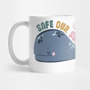 Safe our Surf quote with cute sea animal whale, starfish, coral and shell Mug